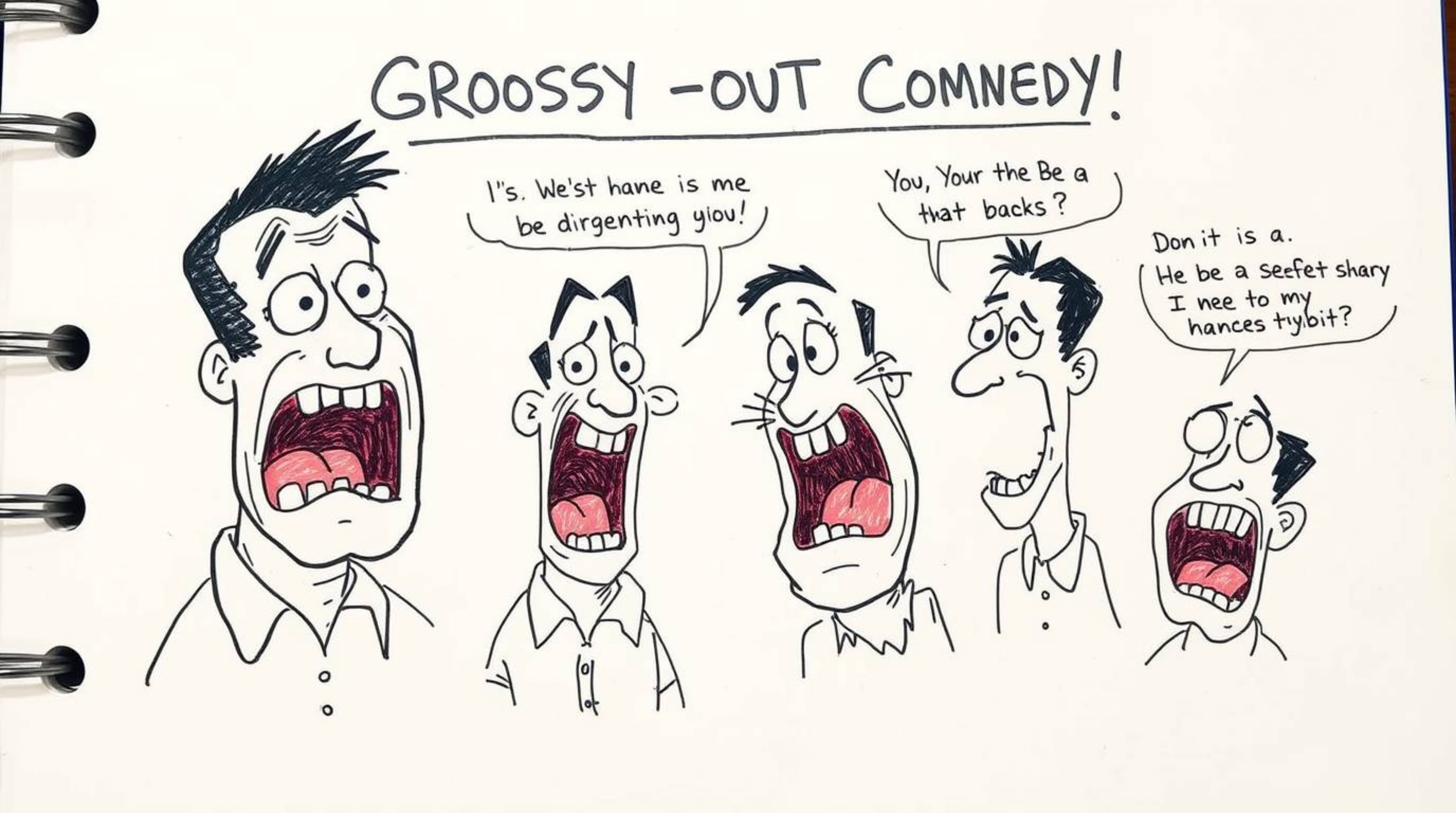 This hand-drawn color sketchnote captures a hilarious gross-out comedy moment with exaggerated expressions in a distinct sket
