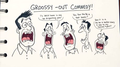 This hand-drawn color sketchnote captures a hilarious gross-out comedy moment with exaggerated expressions in a distinct sket