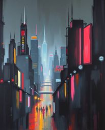 A classic oil painting depicts a futuristic cityscape bathed in high contrast, low-key lighting, where vibrant neon splashes 