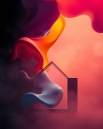 A cinematic and moody visual experience featuring colorful 3D fluid shapes playfully interacting with geometric forms in an a