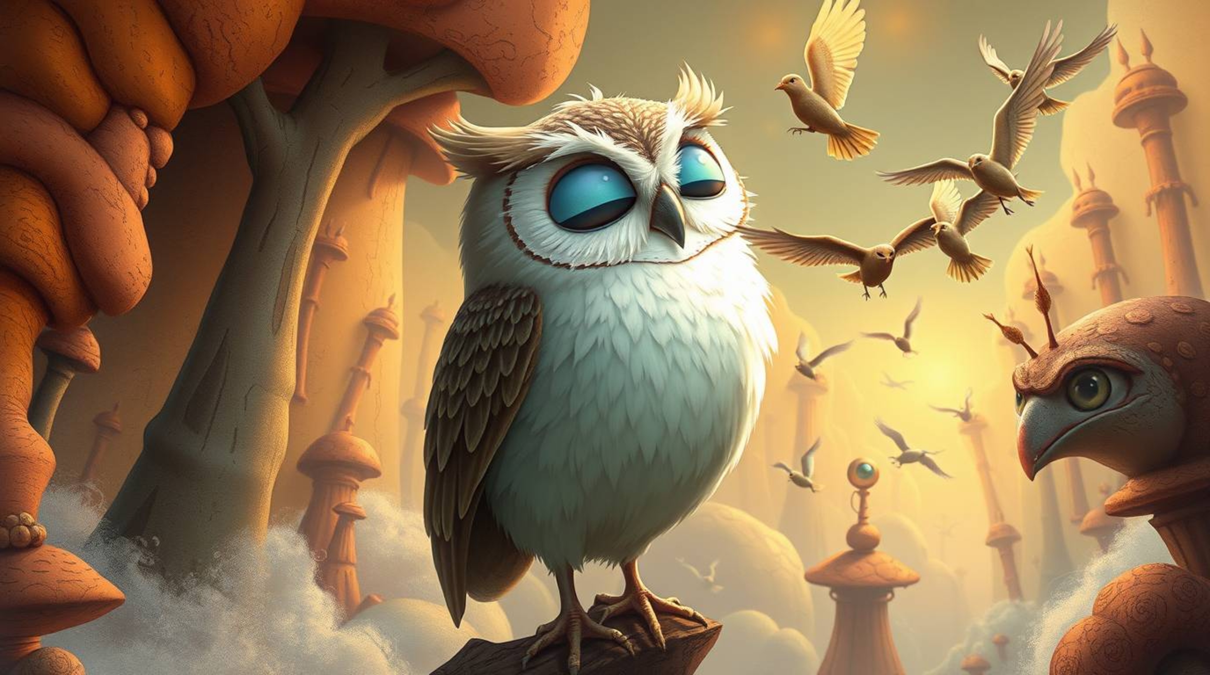 A dreamlike, surreal Pixar-style illustration features a blind owl with soft feathers and kind eyes, gently whispering encour
