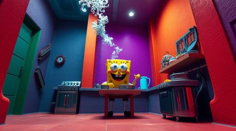 Discover stunning architectural color photography featuring a whimsical sponge character cooking in a vibrant underwater kitc