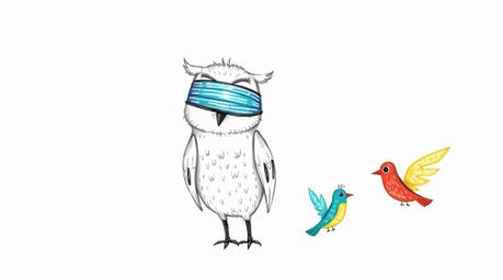 A charming hand-drawn sketch in a Pixar style depicts a blind owl with textured feathers gently guiding colorful birds. The b
