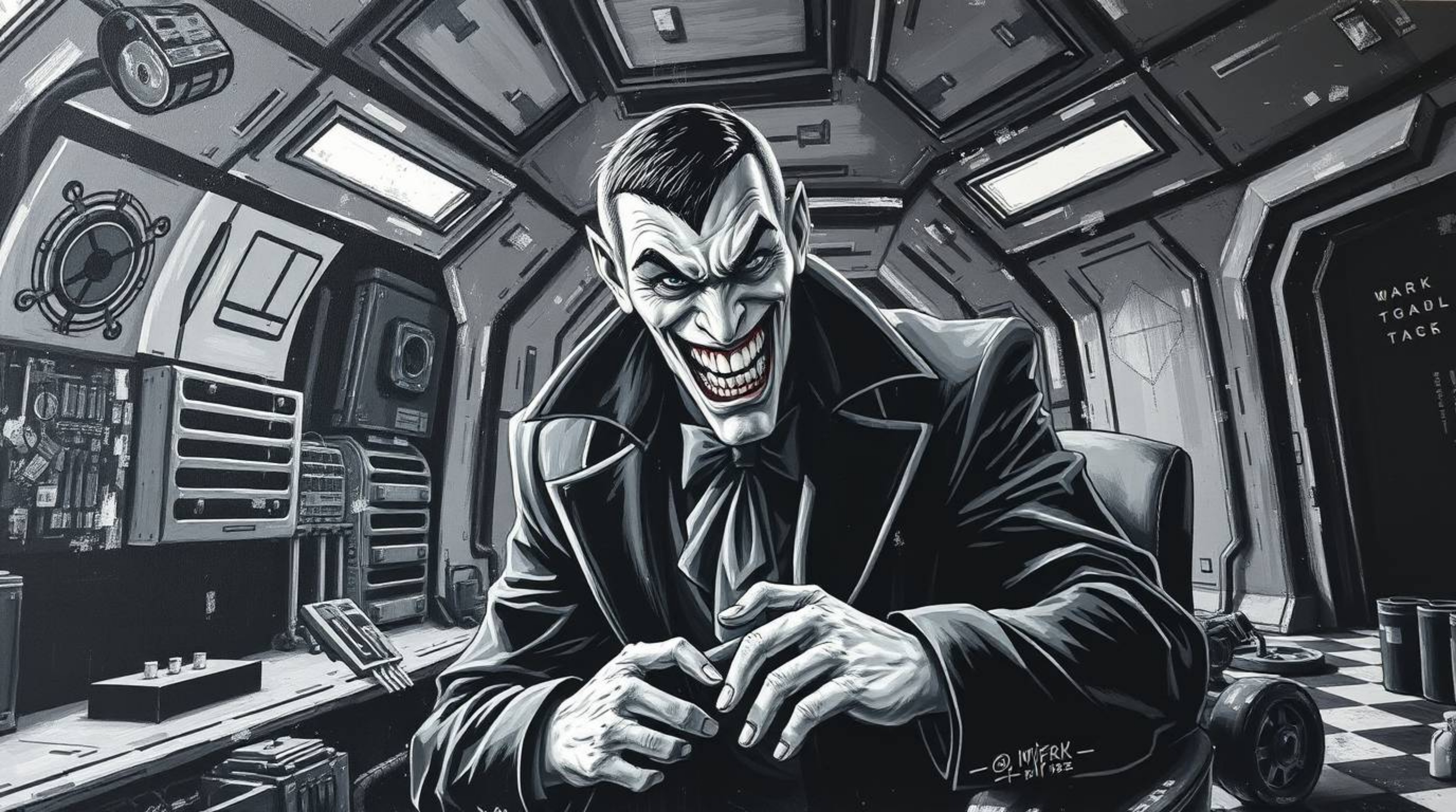 This striking black and white acrylic painting portrays a villain experiencing a humorous and unexpected breakdown within the