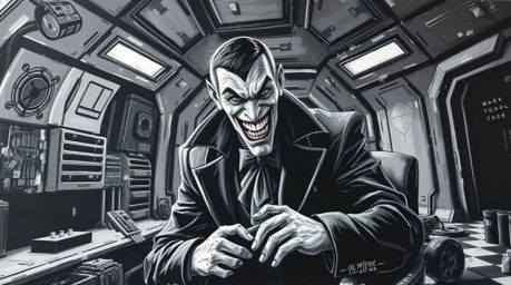 This striking black and white acrylic painting portrays a villain experiencing a humorous and unexpected breakdown within the