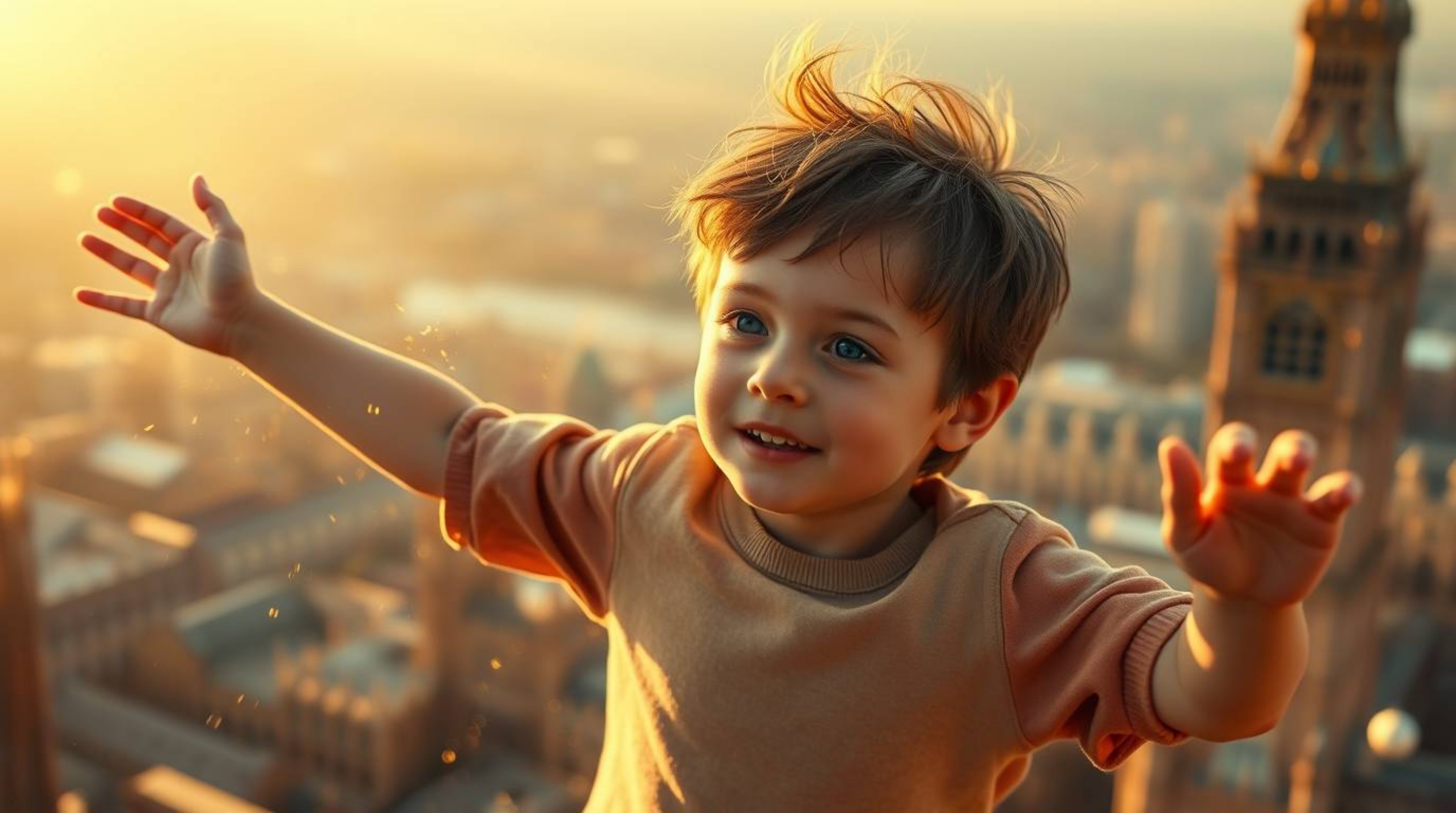 A captivating image of a young boy with fair skin and tousled hair soaring above London, enveloped in a shower of glowing pix