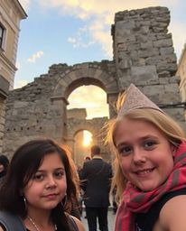 Candid street photography showcasing adorable and charming features. In an urban setting, a sunset casts shadows through anci