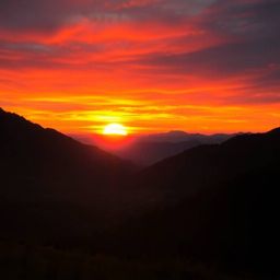 Experience the breathtaking beauty of a sunset over a serene mountain valley. Vivid electric colors paint the sky as warm can