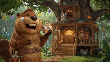 A high-resolution, professional-quality stock photo depicts a beaver with shiny, brown fur and a tiny tool belt, standing tri