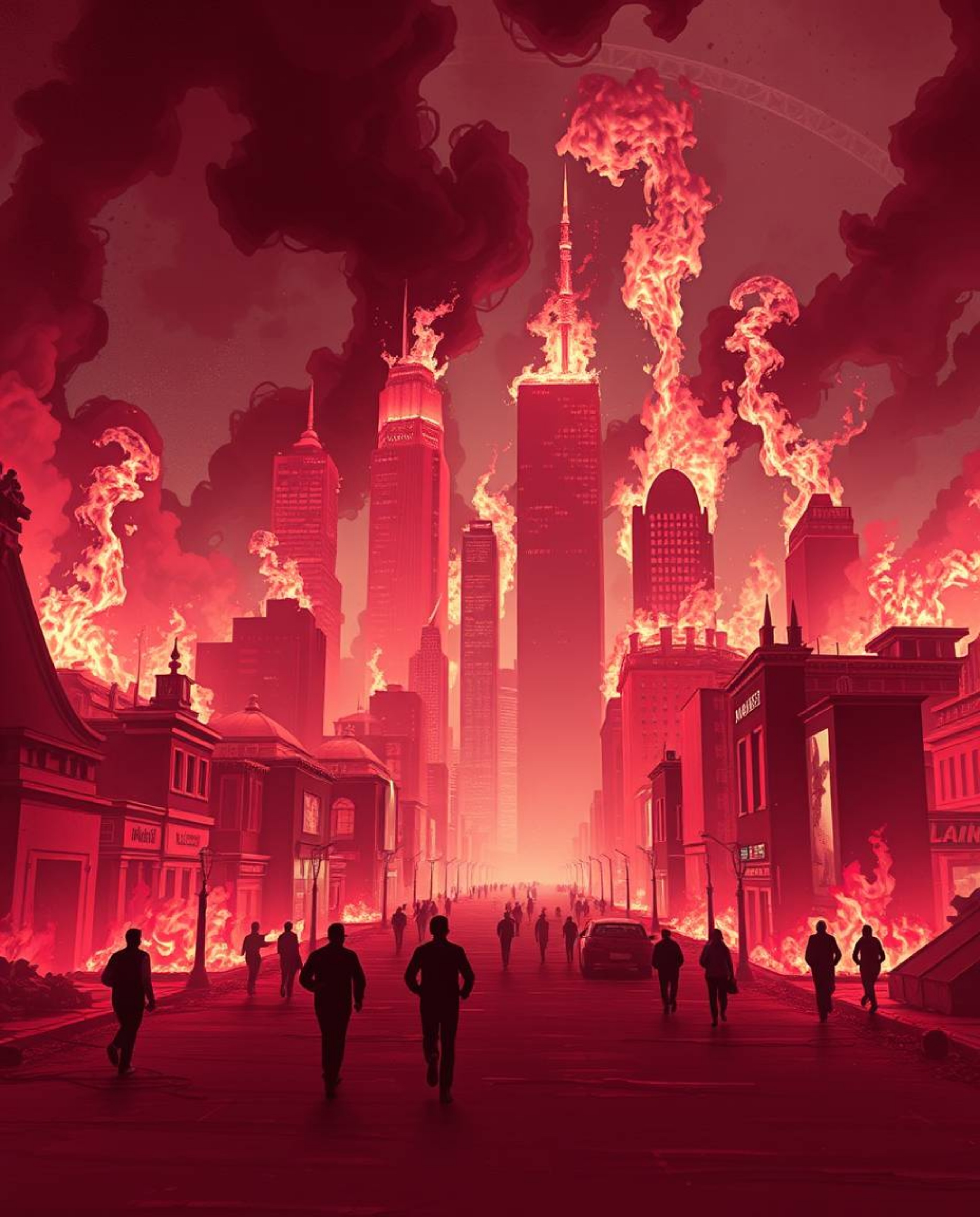 A surreal city engulfed in flames, captured through the infrared spectrum with a modern flat design aesthetic. The intense dr