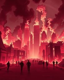 A surreal city engulfed in flames, captured through the infrared spectrum with a modern flat design aesthetic. The intense dr
