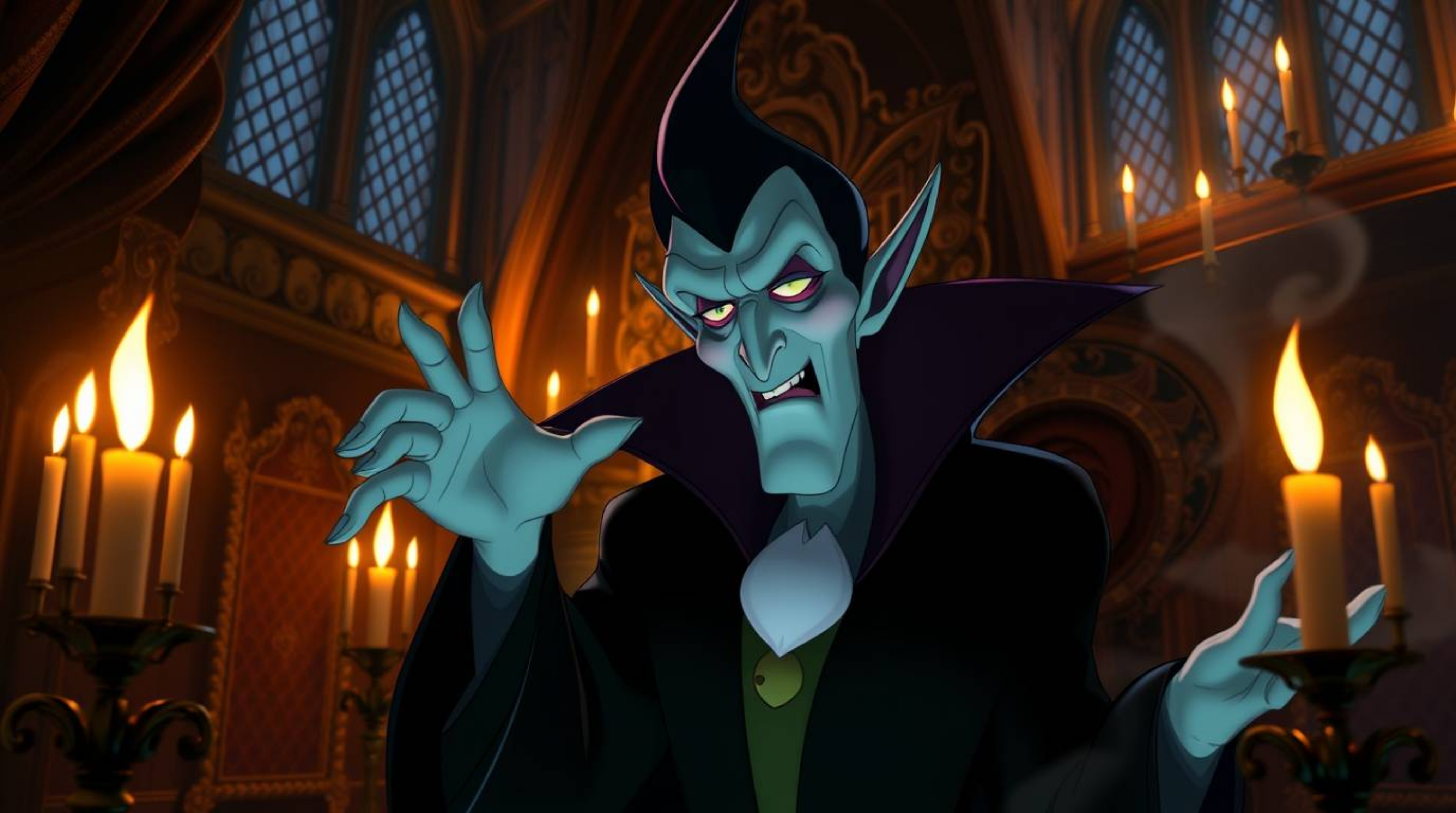 A classic Disney villain, with sharp features and pale skin, casts a spell within the walls of an old, ornate castle.  Rich t