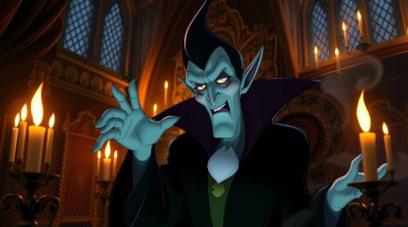 A classic Disney villain, with sharp features and pale skin, casts a spell within the walls of an old, ornate castle.  Rich t