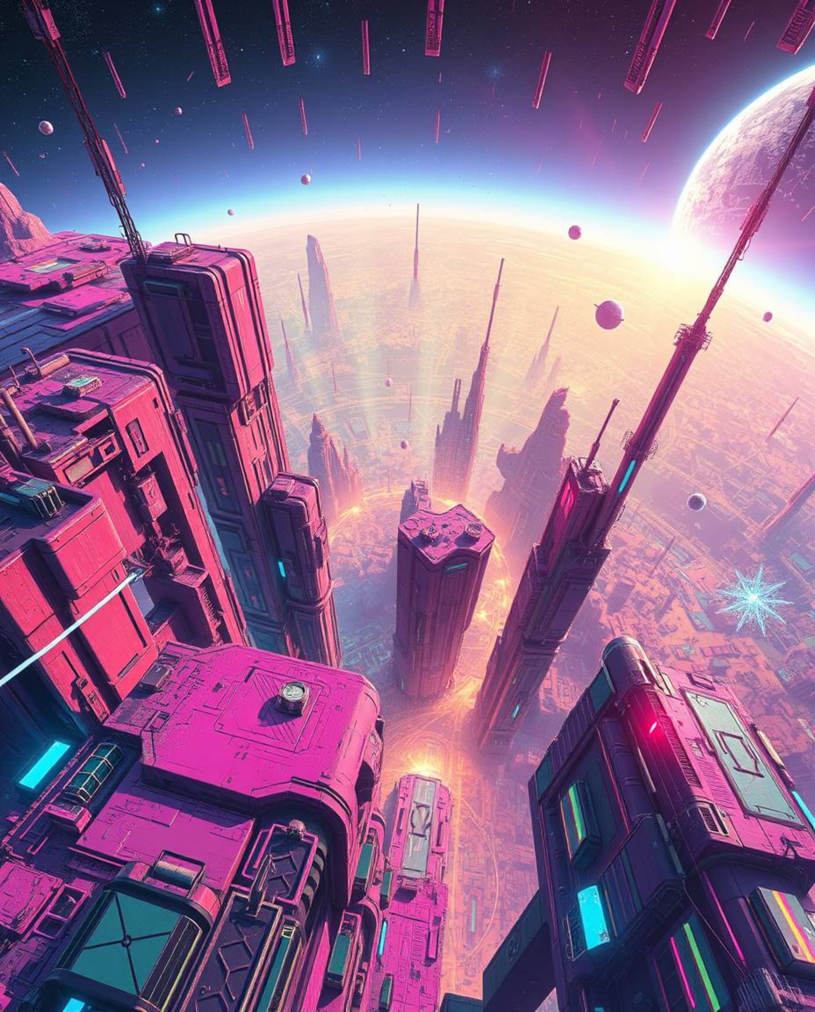 Explore a futuristic sci-fi landscape from a high angle perspective, showcasing a digital glitch aesthetic where the world se