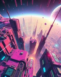 Explore a futuristic sci-fi landscape from a high angle perspective, showcasing a digital glitch aesthetic where the world se