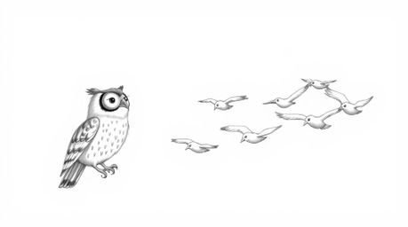 A hand-drawn sketch in the style of Pixar portrays a visually impaired owl, meticulously rendered with textured pencil stroke