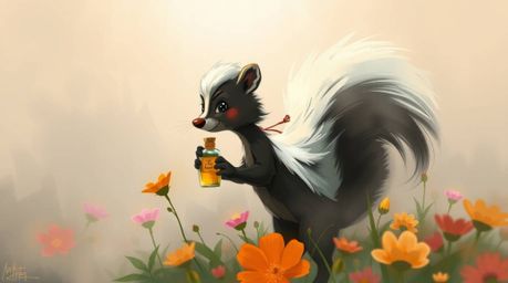 A whimsical digital sketch featuring a cartoon skunk playfully spraying perfume onto delicate flowers, all enveloped in a thi