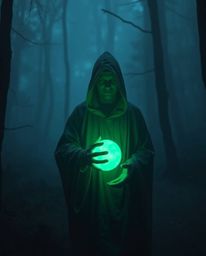 An unsettling atmosphere permeates a misty forest where a cloaked figure stands holding a glowing orb, radiating eerie, biolu