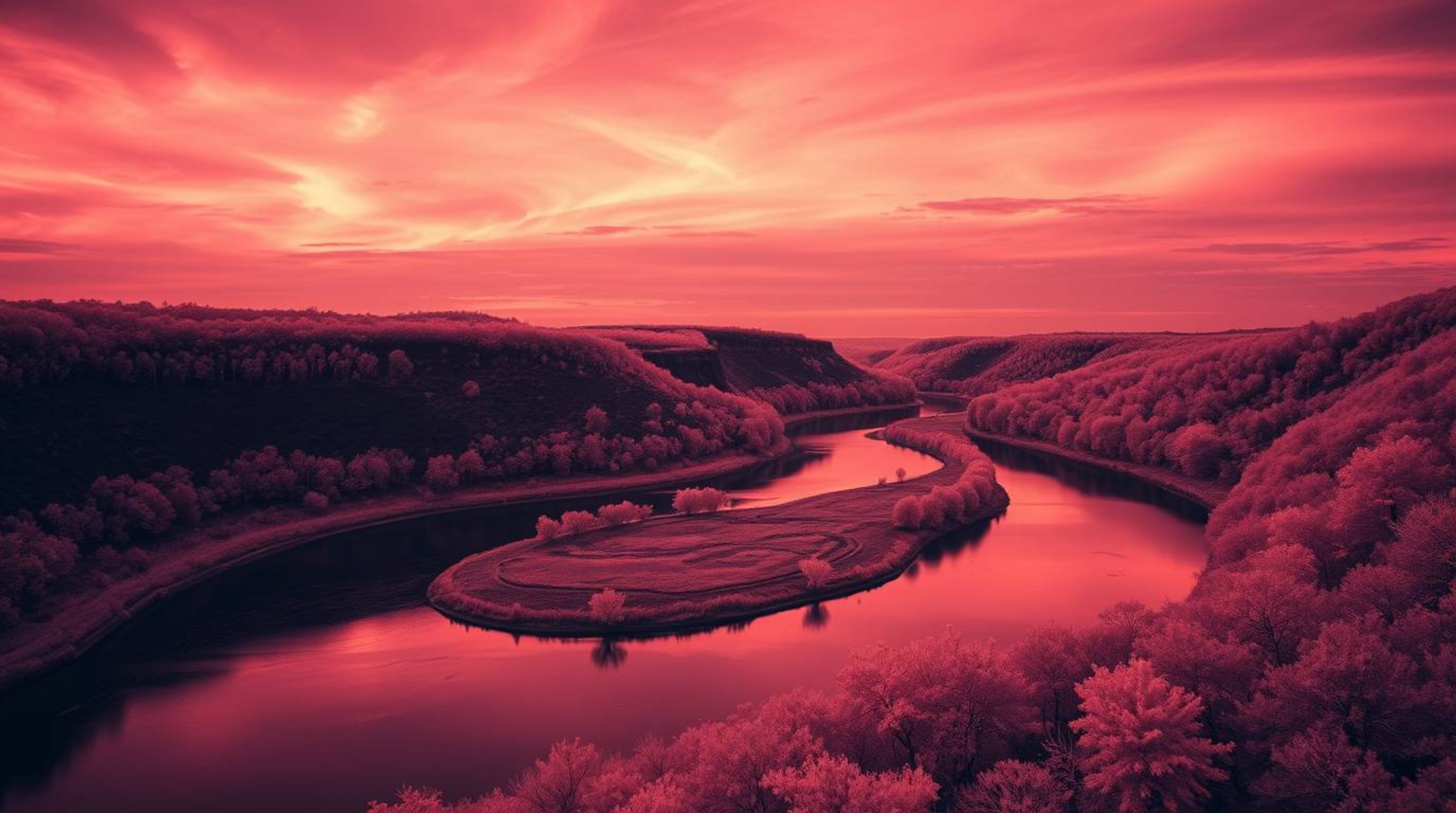 A mesmerizing surreal infrared photograph depicts a winding river glowing vibrantly under a dramatic orange-pink sky.  The im