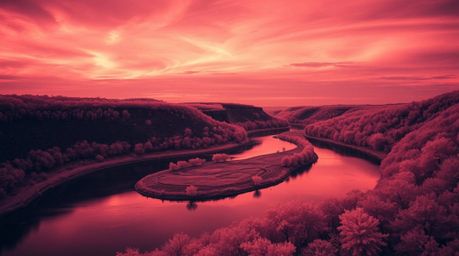 A mesmerizing surreal infrared photograph depicts a winding river glowing vibrantly under a dramatic orange-pink sky.  The im