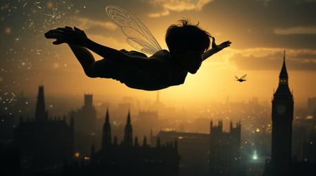 A captivating image depicts a silhouetted young boy with dark skin soaring above the London skyline, sprinkled with magical p