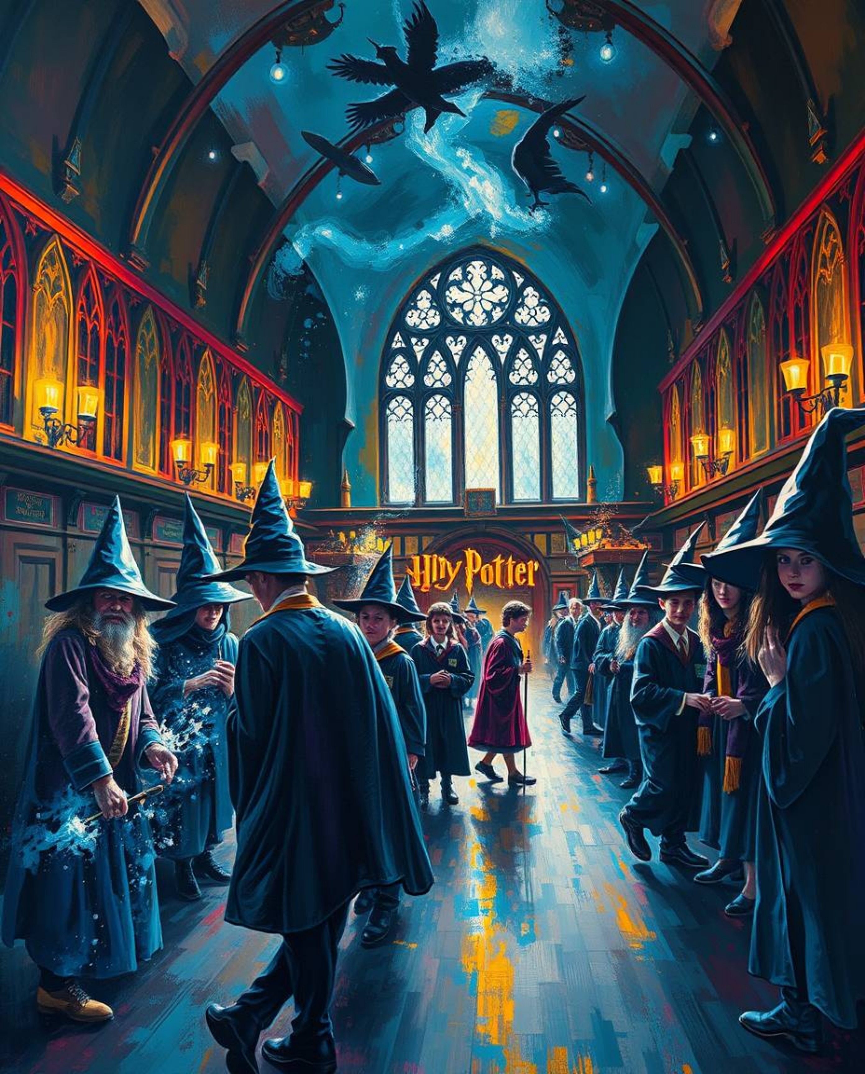 This collection features a series of bold acrylic paintings depicting a magical school teeming with young wizards. Rendered i
