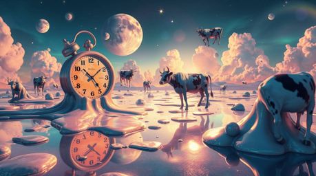 Explore a captivating surreal dreamscape filled with melting clocks and floating cows, rendered in shimmering iridescent colo