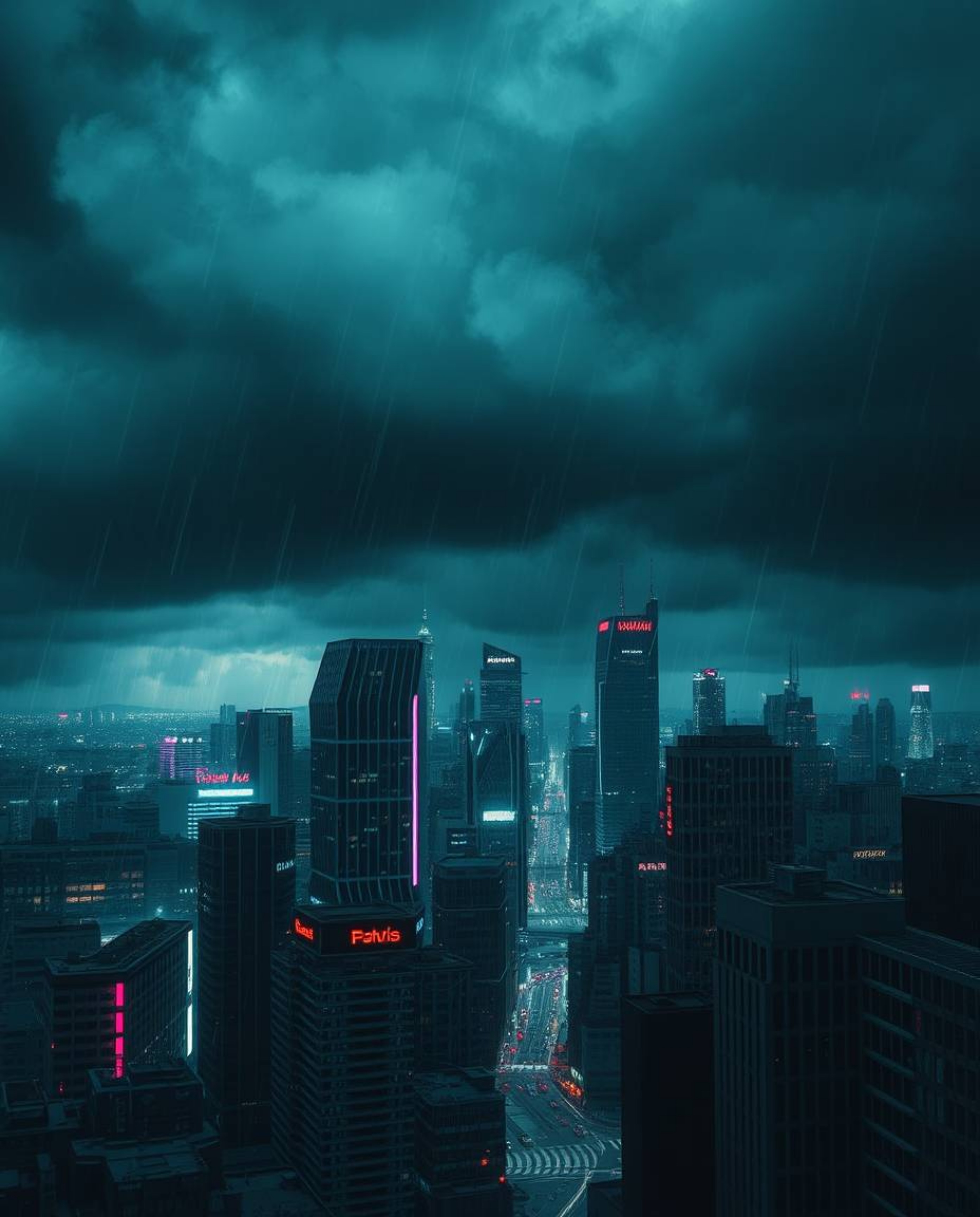 A captivating cyberpunk cityscape bursts with vibrant neon colors under a dramatic, stormy sky.  The low contrast enhances th