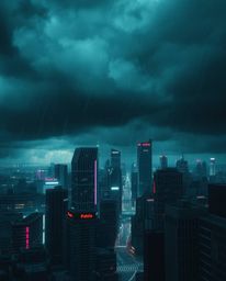 A captivating cyberpunk cityscape bursts with vibrant neon colors under a dramatic, stormy sky.  The low contrast enhances th