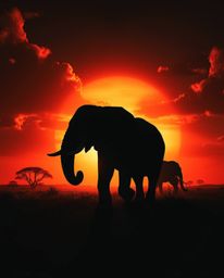 Dreamlike surreal imagery: Contrasting chiaroscuro lighting depicts elephants traversing a fantastical sunset field. Strong c
