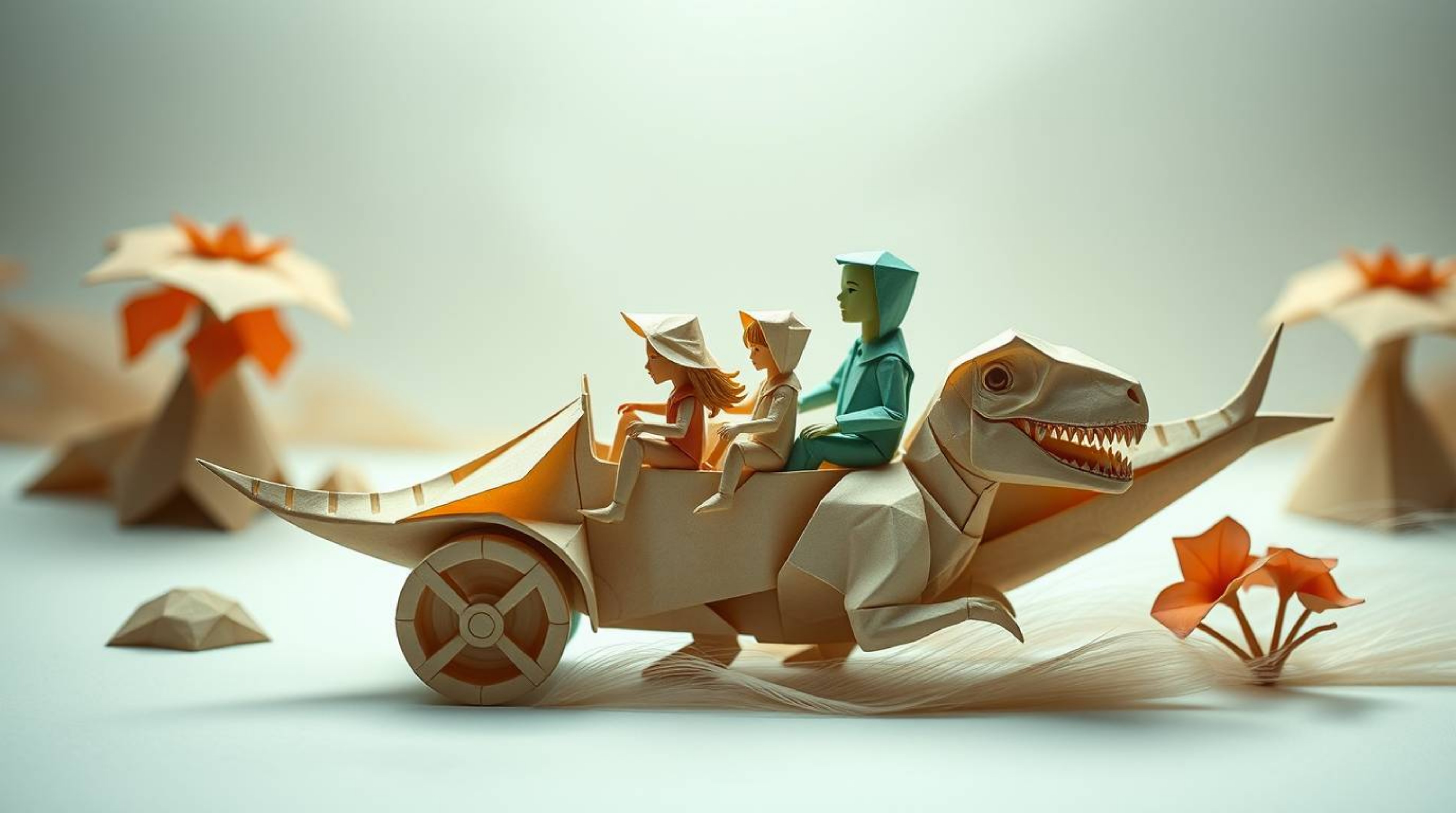 Experience a whimsical journey with a prehistoric family riding a dinosaur car meticulously crafted from folded paper in a ca