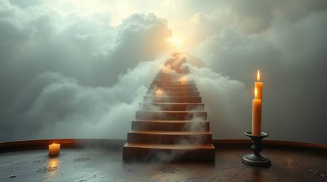 A captivating image depicts a soft, dreamy atmosphere where a winding stairway of smoke and light ascends into a vast cloudy 