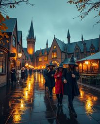 Capture the enchantment of a magical school brimming with young wizards on a rainy autumn day through the art of long-exposur