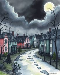 Discover a captivating watercolor painting of a sleepy town, featuring pastel-colored houses and an unsettling, dreamlike atm