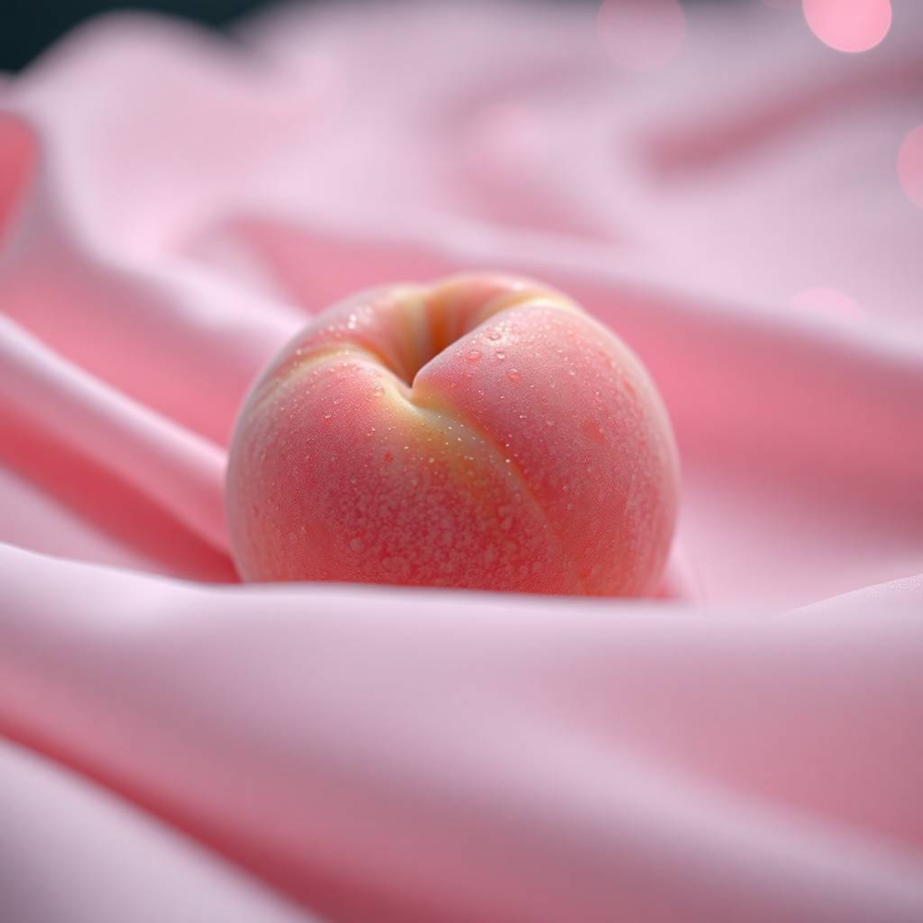 A high-resolution close-up ASMR image featuring a soft, blushing pink peach with a fuzzy texture and glistening condensation,