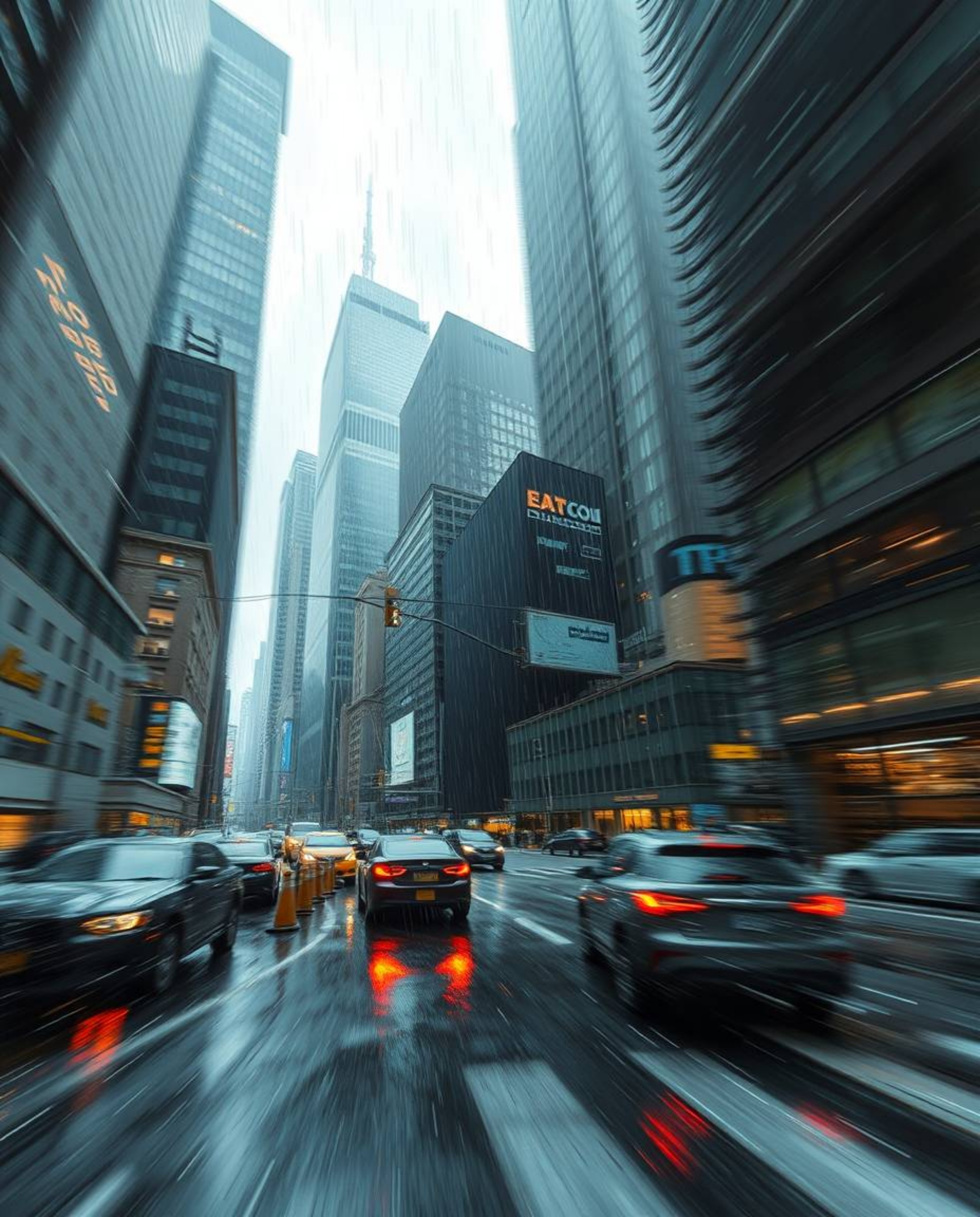 Immerse yourself in a dynamic, motion-blurred digital painting of a rainy, glitchy cityscape. This artwork features distorted
