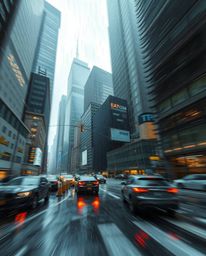 Immerse yourself in a dynamic, motion-blurred digital painting of a rainy, glitchy cityscape. This artwork features distorted