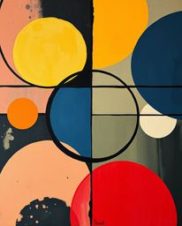 Explore a vibrant and bold acrylic painting featuring a minimalist geometric pattern of circles and lines, rendered in the ic