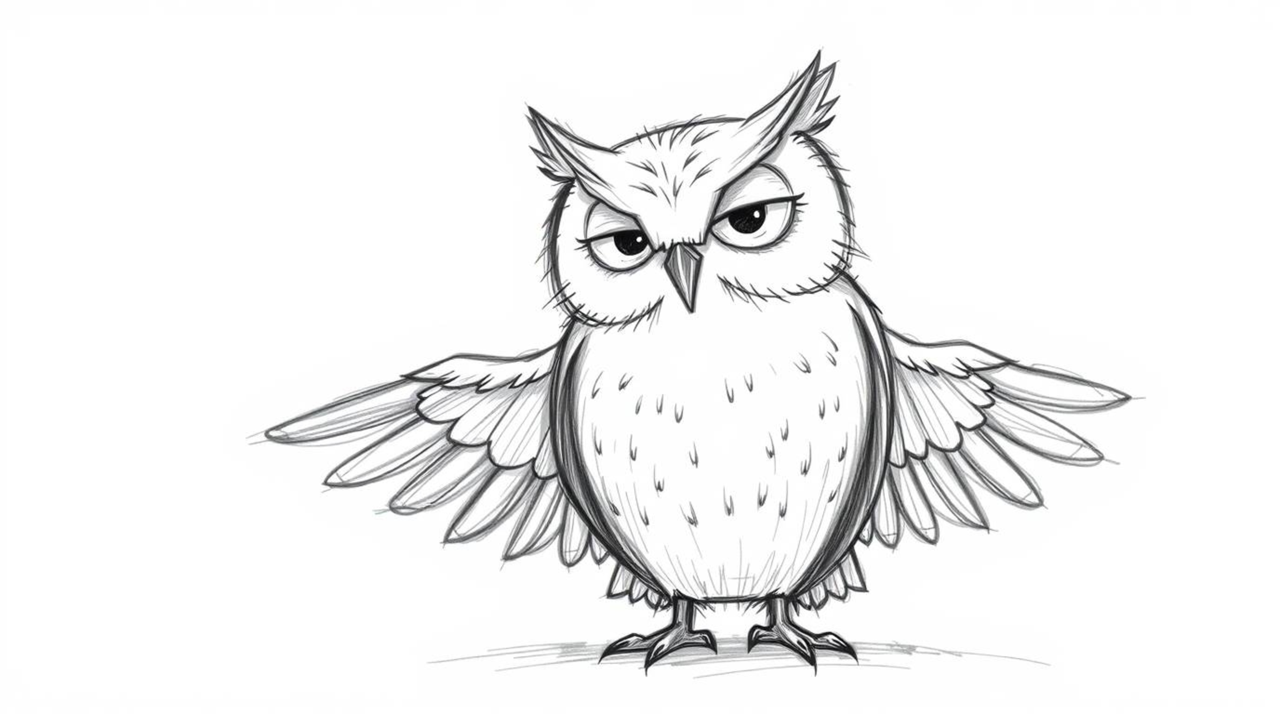 A heartwarming hand-drawn sketch in the style of Pixar depicts a blind owl, rendered with soft, textured pencil strokes again