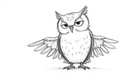 A heartwarming hand-drawn sketch in the style of Pixar depicts a blind owl, rendered with soft, textured pencil strokes again