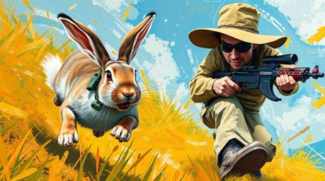 This bold acrylic painting captures an extreme macro close-up of a wacky rabbit outrunning a hunter in a slapstick style. The