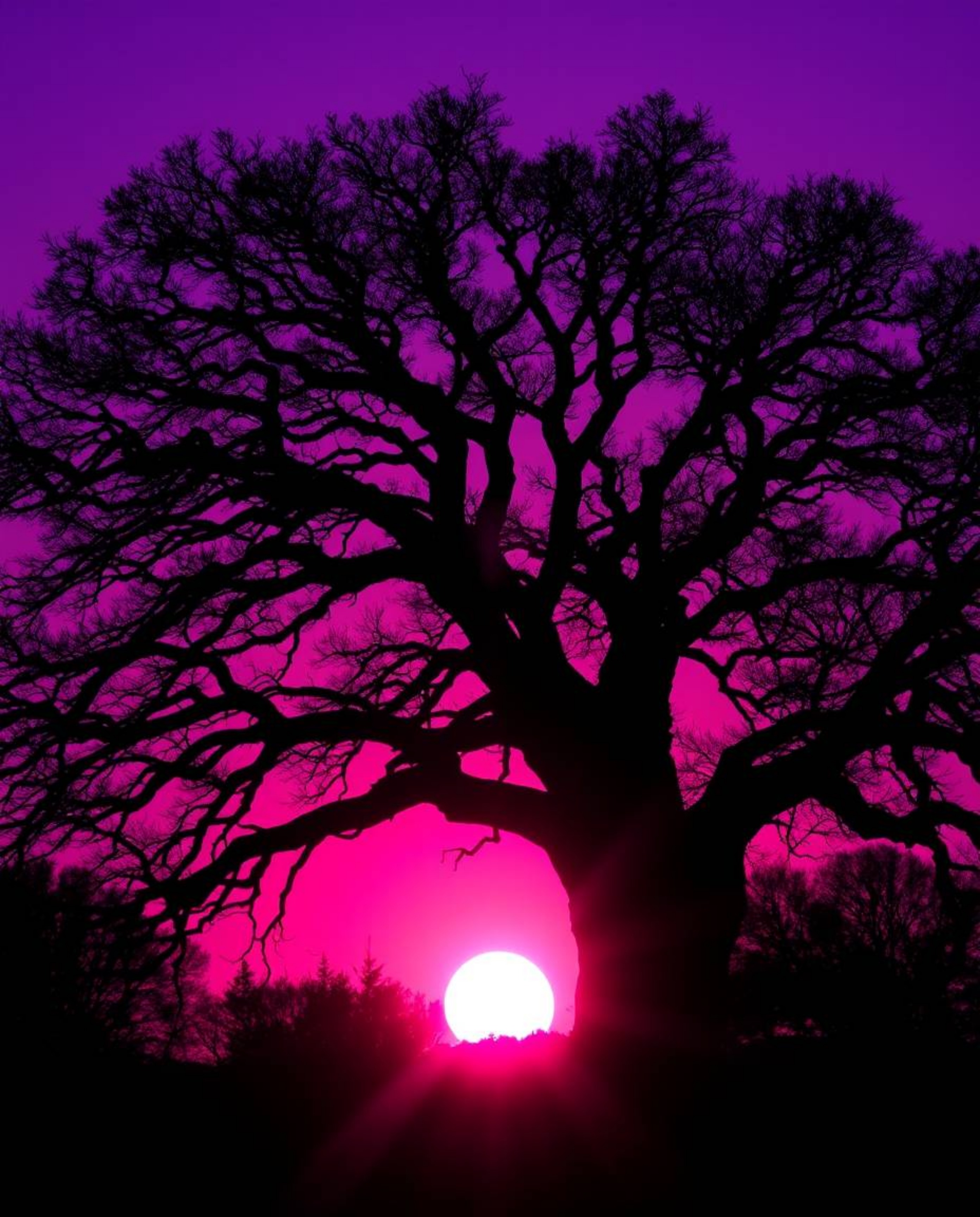 An ultraviolet sunset silhouettes an old oak tree with twisted branches in this striking image. The scene is characterized by
