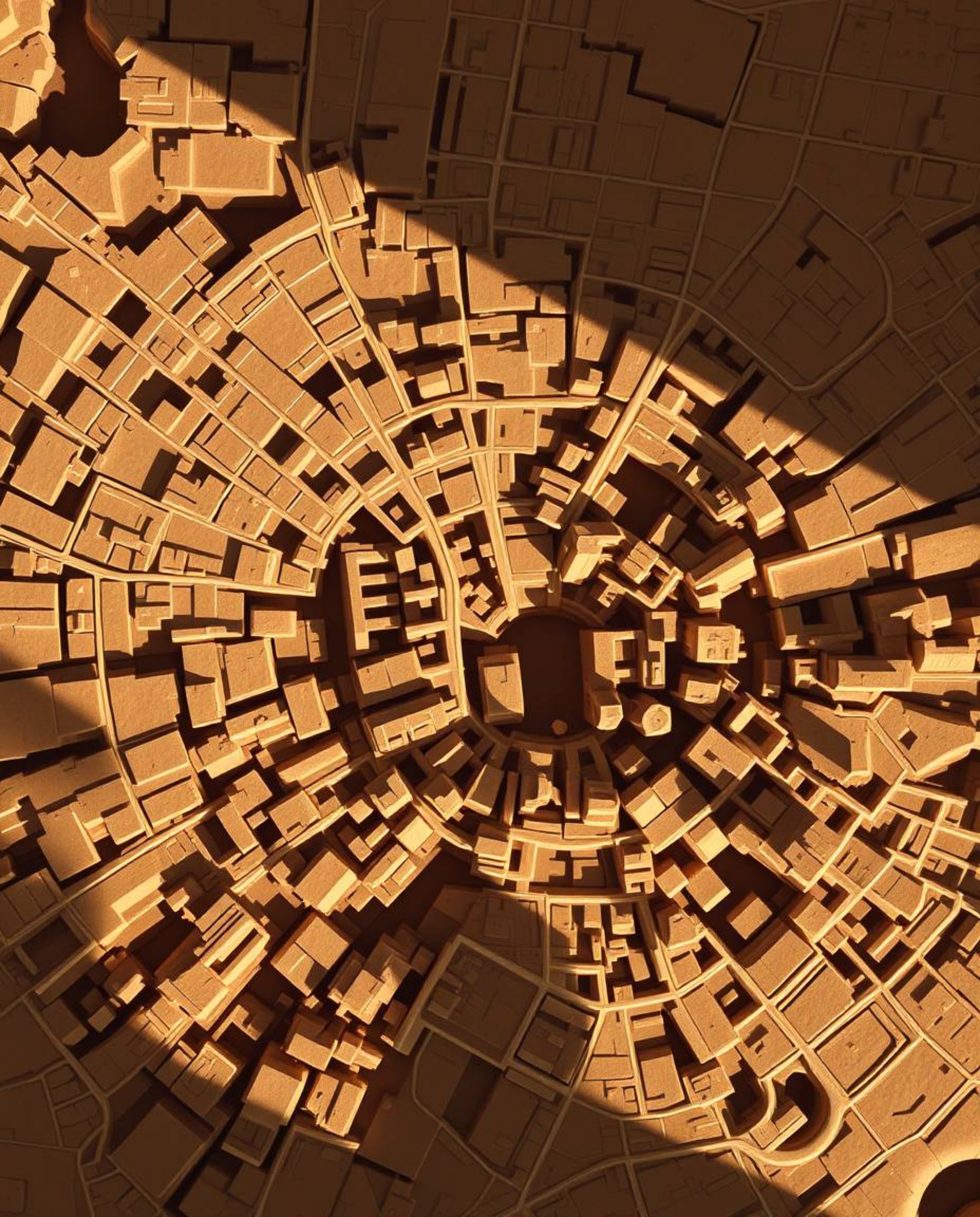A captivating abstract city map illustration, rendered in natural earth tones and geometric shapes.  The top-down perspective