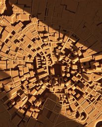 A captivating abstract city map illustration, rendered in natural earth tones and geometric shapes.  The top-down perspective