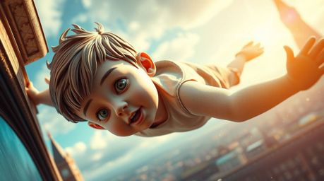 A captivating image of a young boy with sculpted features and light skin soaring above London, brought to life in a unique la