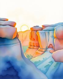 A delicate watercolor painting captures sandstone cliffs illuminated by sunset, uniquely enhanced by a warm candlelight glow.