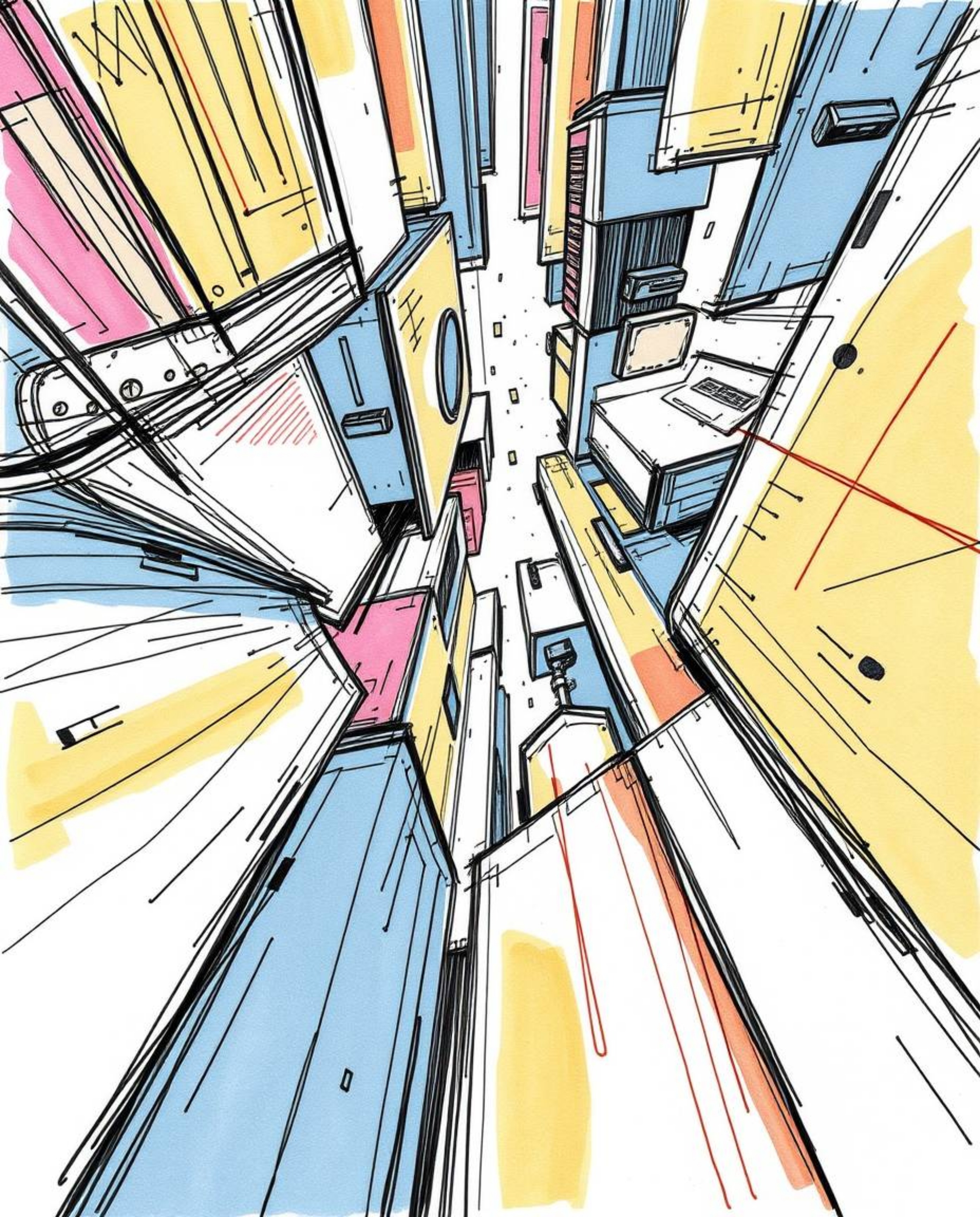 A captivating low-angle hand-drawn sketch showcasing abstract shapes with striking glitch effects, fragmentation, and scanlin