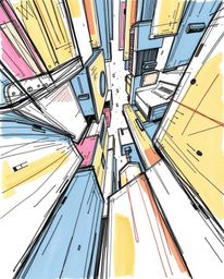 A captivating low-angle hand-drawn sketch showcasing abstract shapes with striking glitch effects, fragmentation, and scanlin