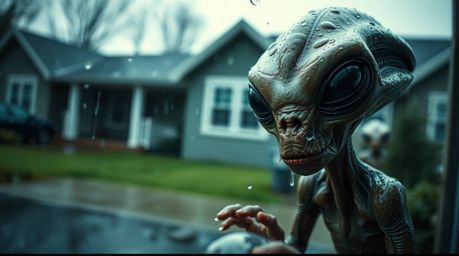 Experience an extreme close-up macro shot of a wet, rainy scene featuring an alien in a suburban house.  The image focuses on