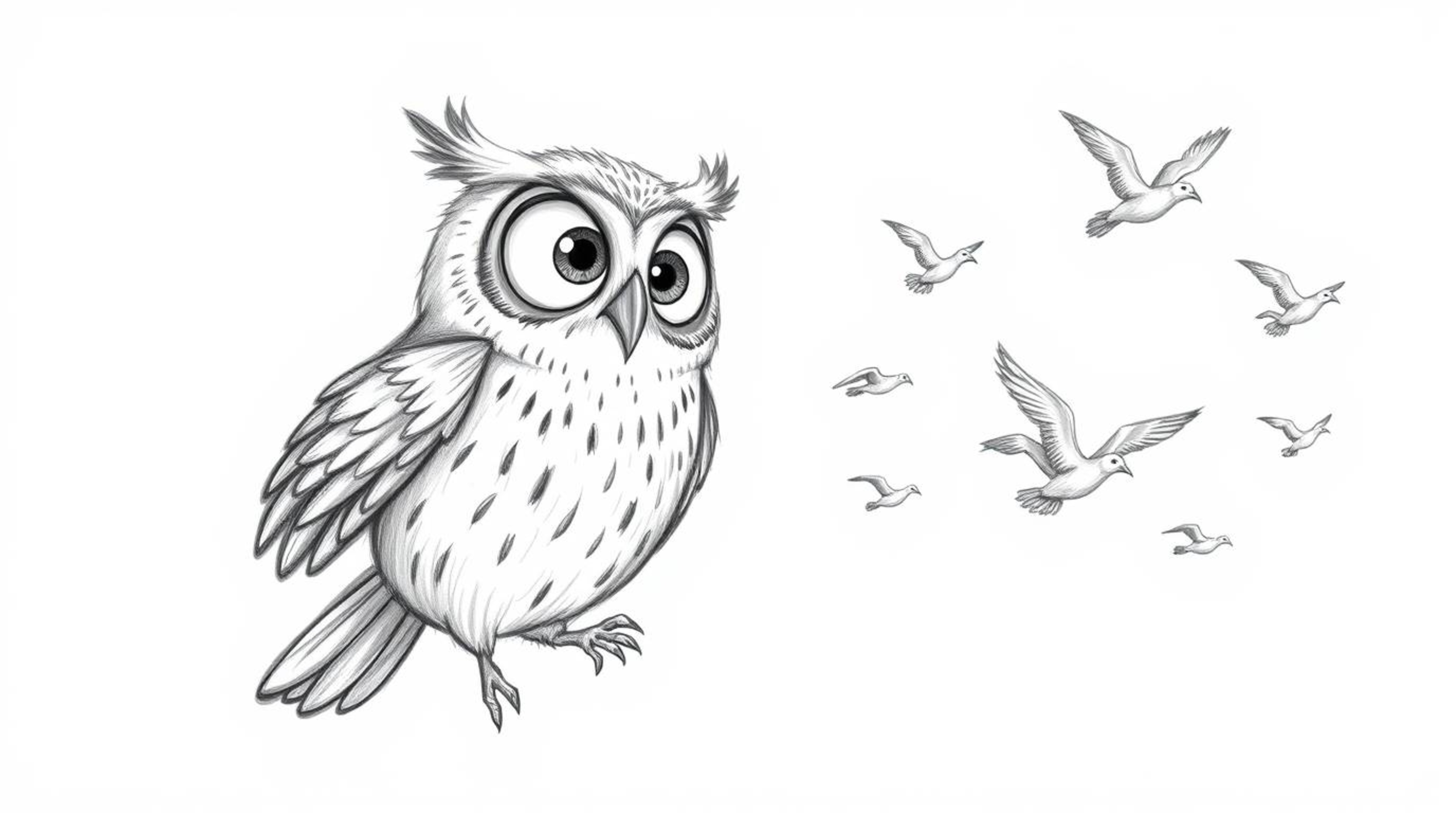 A heartwarming Pixar-style hand-drawn sketch depicts a blind owl with large, expressive eyes, teaching a flock of birds to fl